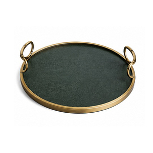 Bandeja Redonda de Mármol para Servir con Borde Dorado y Asas, Acabado en Cuero, Metal Pulido, Uso Comercial, Apta para Lavavajillas, Ecológica - Product Image 3