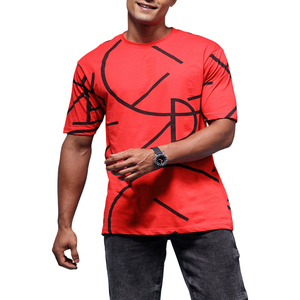 T-shirt à manches courtes pour homme, imprimé géométrique rouge, col rond, jersey décontracté en coton, coupe régulière, respirant, streetwear - Product Image 1
