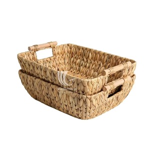 Water Hyacinth Woven <b>Basket</b> <b>Rectangular</b> Storage Tray with Wooden Handles Foldable Organizer for Bathroom Bedroom Living Room - Product Image 1