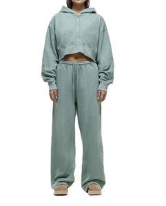 Ladies Cropped Hoodie & Wide Leg Pants <b>Set</b> Minimal Athleisure Outfit Cropped Zip Hoodie <b>Sweatpants</b> <b>Set</b> Women Loose Fit Fashion - Product Image 6