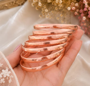 Pure Copper Vintage Stackable Hammered Textured Surface Bangle Bracelet Solid Copper Flat Edge <b>Wristband</b> - Product Image 3