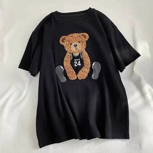 T-shirt en coton pour homme, manches courtes, col rond, imprimé ours floqué, coupe décontractée, motif graphique, blanc, noir, gris - Product Image 4
