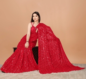 KV Self Design Bollywood Georgette <b>Saree</b> (<b>Red</b>) - Product Image 2