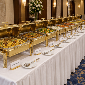 Luxury Rectangular Gold Chafing Dish Buffet Server with Textured Handles and Feet Premium Catering <b>Food</b> <b>Warmer</b> <b>Tray</b> Lid - Product Image 4