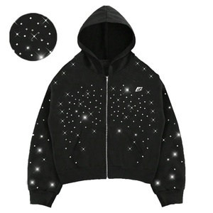 Sudadera con capucha de algodón para hombre al por mayor, con cremallera completa, diseño de pedrería, corte holgado, proveedor OEM de ropa urbana personalizada - Product Image 1