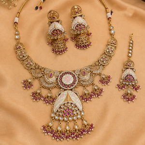 Ensemble collier et boucles d'oreilles pour femme JeweleMarket, plaqué or, avec cristaux et strass, style ethnique, pour mariage, fiançailles, anniversaire, cadeau, Maharashtra - Product Image 1
