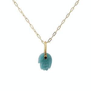 Amazonite <b>Hamsa</b> <b>Hand</b> <b>Necklace</b> with Black Onyx Gold Plated Brass Paperclip Chain Spiritual Protection Jewelry - Product Image 1