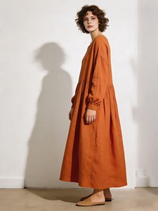 Women Vintage <b>Boho</b> Plain Maxi <b>Dress</b> <b>Long</b> Sleeve Loose Fit Cotton Linen Plain O-Neck Summer Beach <b>Dress</b> - Product Image 2