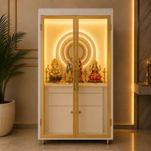 Wooden Pooja <b>Mandir</b> for Home with Storage Drawers LED Lighting Gold Trim Glass Doors Hindu Temple Cabinet Prayer Unit - Product Image 4