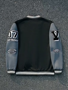 OEM 100% Cotton <b>Men's</b> Black Varsity <b>Jacket</b> Gray Sleeves Embroidered Lettering Logo Patch High Street <b>Baseball</b> <b>Jacket</b> Breathable - Product Image 5