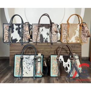 New Wholesale 2025 Factory Fashion Large Capacity Floral Pattern Hand <b>Tooled</b> Genuine Cowhide <b>Leather</b> Tassel Tote Bag with Zipper - Product Image 1