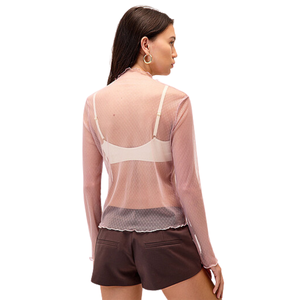 Chemisier à col montant en maille transparente pour femme, à manches longues, uni, ajusté, à superposer, avec ourlet festonné, transparent, pull quotidien, chemise tendance - Product Image 2