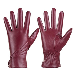 Guantes de Vestir de Cuero Genuino de Lujo para Mujer, Cálidos y Suaves para Invierno, de Piel de Oveja, Diseño de Costura a la Moda en Color Granate, Estilo Real - Product Image 1
