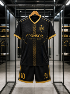 ชุดยูนิฟอร์มฟุตบอลพิมพ์ลายซับลิเมชั่นสีดำทองพรีเมียม ชุดเสื้อสโมสรฟุตบอลมืออาชีพพร้อมโลโก้สั่งทำ กางเกงขาสั้นเข้าชุด - Product Image 5