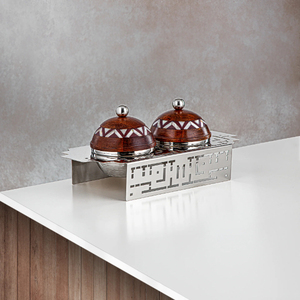 Juego de tazones de madera hechos a mano con tapas y diseño tradicional chino en bandeja de metal para servir comida, regalo, estilo mid-century - Product Image 1