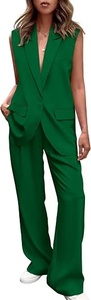 Women Sleeveless <b>Blazer</b> <b>Set</b> Solid Green Woven Fabric Notched Collar Two Piece Suit Formal All Seasons Regular Fit - Product Image 4