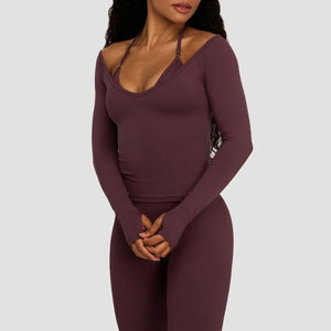 Manufacturer Workout Tight <b>Top</b> Women <b>Off</b> <b>Shoulder</b> Deep Neck Pattern Activewear Sports Training <b>Long</b> <b>Sleeve</b> Thumb Hole <b>Top</b> - Product Image 3