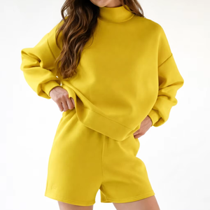 Women's Winter Streetwear Mockneck Sweatshirt Above-Knee Shorts <b>Set</b> Solid Breathable Eco-Friendly Quick Dry Fleece Fabric - Product Image 1