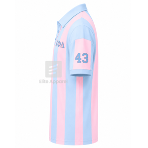 Polo rayé personnalisé Gamma Phi Delta Sorority avec logo brodé sur le devant, bleu ciel rose, décontracté, manches courtes pour femme - Product Image 4
