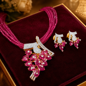Premium <b>Ruby</b> Pink Brass CZ Classic <b>Necklace</b> Earrings Set Rhodium Plated Tassel Bridal Wedding Jewelry LISAJEWELLERS for Women - Product Image 3