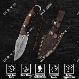 Couteau à lame fixe en acier Damas forgé à la main, manche ergonomique en bois de rose avec 4 trous pour les doigts, prise ferme, qualité industrielle, pour l'extérieur - Product Image 3