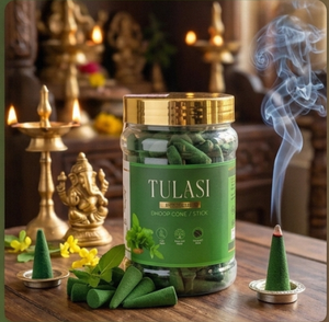 Cône d'encens Tusli Dhoop en pot, encens de qualité supérieure Tulasi, cônes verts biologiques pour usage religieux indien toute saison avec pot doré - Product Image 4