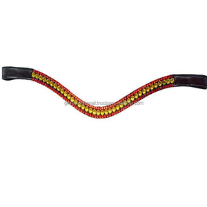 <b>Top</b> Quality Equestrian Products handmade Curved Shape Leather horse brow band with 3 row crystals rhinestones and pearls <b>chain</b> - Product Image 2