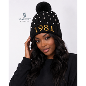Bonnet en tricot acrylique pour femme NCBW, brodé, orné de perles, avec pompon, bord côtelé, bonnet d'hiver décontracté - Product Image 5