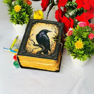 Goth Gifts Raven Crow Leather Journal for Men & Women With Lock, 400 Witchcraft Supplies <b>Books</b> Witchy gifts for women black - Product Image 2