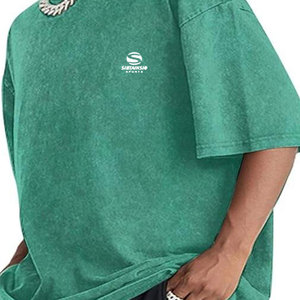 T-shirt vert oversize en tissu peigné pour homme, délavé à l'acide, style vintage, épaules tombantes, streetwear unisexe, imprimé personnalisé, coupe ample - Product Image 2