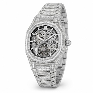 Montre de luxe pour femme en or et diamants, boîtier polygonal, cadran bleu, affichage analogique de la date, mouvement à quartz - Product Image 3
