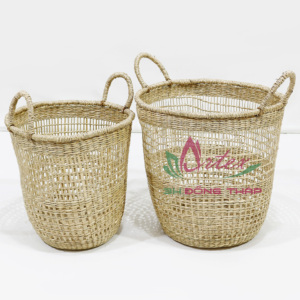 Rustic Sustainable Seagrass Circle Laundry <b>Hamper</b> Hand-Woven Tall <b>Storage</b> Basket with Handles - Product Image 1