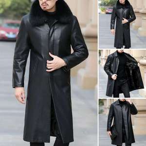 Winter <b>Men's</b> Thick Fleece <b>Long</b> Over-knee Faux Leather Trench <b>Coat</b> with Button Detail Eco-Friendly Single Breasted Design - Product Image 2