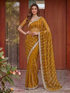Elegante Sari de Seda Color Mostaza con Borde Bordado con Cuentas y Blusa a Juego para Bodas, Sari Largo Hasta el Suelo para Mujer - Product Image 2