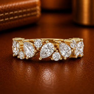 Anillo de Oro Puro de 14K con Diamantes Cultivados en Laboratorio, Corte Pera y Corte Redondo, Media Eternidad, Anillos de Boda y Aniversario, ¡Gran Oferta! - Product Image 1
