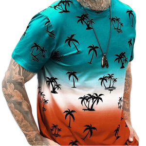 Camiseta de Manga Corta para Hombre con Estampado de Palmeras en Degradado, Cuello Redondo, Casual, Transpirable, Corte Regular, Tejido de Poliéster - Product Image 1