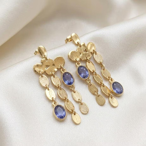 Gold Plated Brass Chandelier <b>Earrings</b>, <b>Blue</b> Iolite Gemstone Statement Pair Women's Party Jewelry - Product Image 2