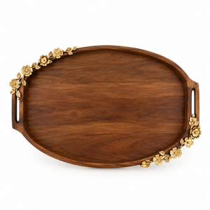 Plateau de service artisanal en bois d'acacia avec poignées en feuilles de ginkgo dorées de luxe, plateau décoratif rectangulaire pour la maison et les restaurants - Product Image 6
