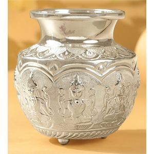 Handcrafted Silver Metal Kalash Pot Antique Carved Floral Vases <b>Decorative</b> Brass Bowl For Pooja Diwali Gift Hindu Festive <b>Decor</b> - Product Image 4