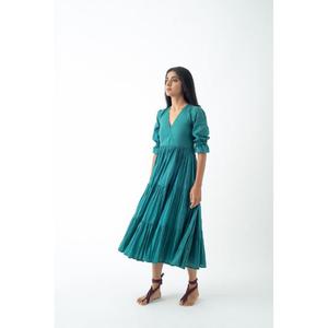 Vestido Maxi de Alta Calidad Color Verde Azulado, Corte en A, Cuello en V, Manga Tres Cuartos Tipo Linterna, Chifón con Pliegues en Capas, Estilo Romántico de Verano para Mujer - Product Image 2