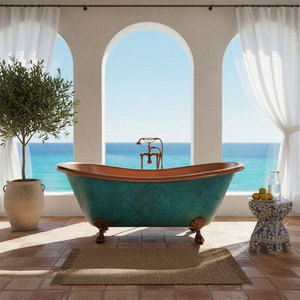 Hammered Clawfoot Copper Double Slipper Tub with Blue Green Patina Exterior - Product Image 6