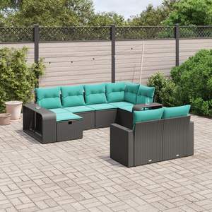Ensemble de canapés de jardin d'extérieur noir avec coussins bleus, résistant aux UV, en rotin PE, design contemporain, meubles de patio imperméables - Product Image 1