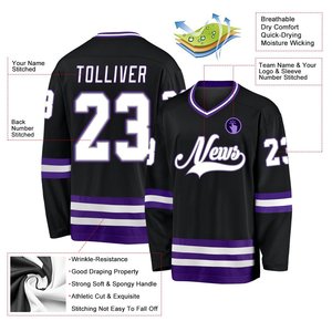 Black With Purple & White Stripes Custom Ice Hockey Jersey High-density Breathable Mesh 100% Polyester Full Sublimation - Product Image 3