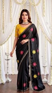 AARA Fashion Black Floral Embroidered Silk <b>Saree</b> <b>Yellow</b> Blouse for Women Traditional Wedding Wear India Pakistan Style Sun - Product Image 3