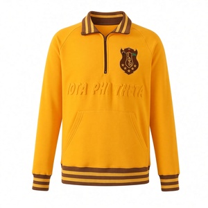 เสื้อสเวตเชิ้ตผู้ชายสีเหลือง คอซิป ปักลายตราสัญลักษณ์ แขนยาว คอและปลายแขนเสื้อแบบริบแถบลายทาง สไตล์ลำลองแบบนักศึกษา คุณภาพพรีเมียม - Product Image 3
