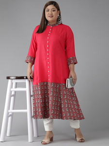 Kurti Anarkali de Rayón Rosa con Estampado Floral y Borde Floral para Mujer, Talla Grande, con Cuello Mandarín y Mangas Elegantes - Product Image 3