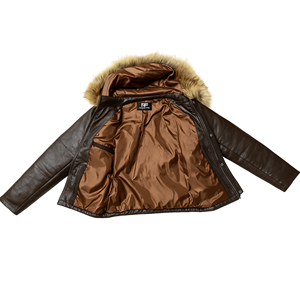 Mens Brown Genuine Leather Puffer Jacket <b>Fur</b> Hood Winter Jacket Warm Quilted Coat Custom OEM - Product Image 3