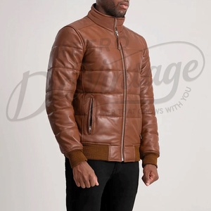 Custom Men Brown Puffer Leather <b>Jacket</b> Quilted Padded Bomber Coat Warm Winter Stand Collar Genuine Leather <b>Zip</b> <b>Up</b> <b>Jacket</b> - Product Image 5