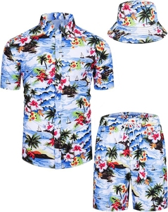 <b>Men</b> Breathable Tropical Hawaiian Shirt Shorts Set with Front Logo <b>Bucket</b> <b>Hat</b> Printed Floral Summer Beachwear Casual Outfit - Product Image 5