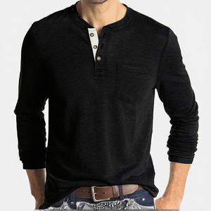 เสื้อยืดแขนยาวผู้ชายสีดำ คอเฮนลีย์ ติดกระดุม ผ้าเนื้อนุ่ม ระบายอากาศได้ดี น้ำหนักเบา ใส่ได้ทุกวัน ผ้าฝ้าย 100% แห้งเร็ว - Product Image 1
